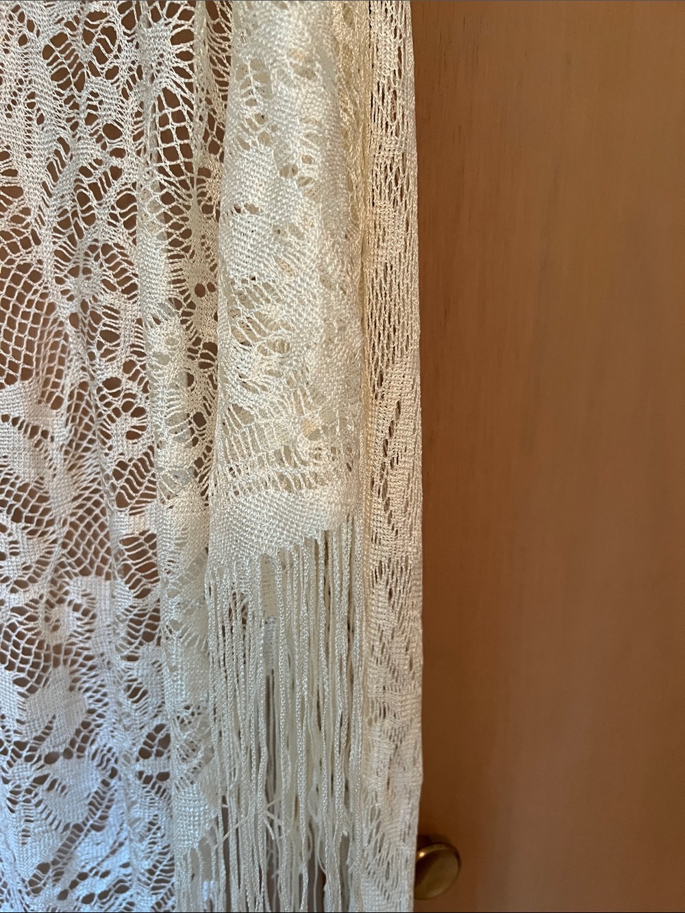 Ivory Crochet Fringe Shawl Wrap - Lightweight Feminine Cover-Up - Picture 4 of 10